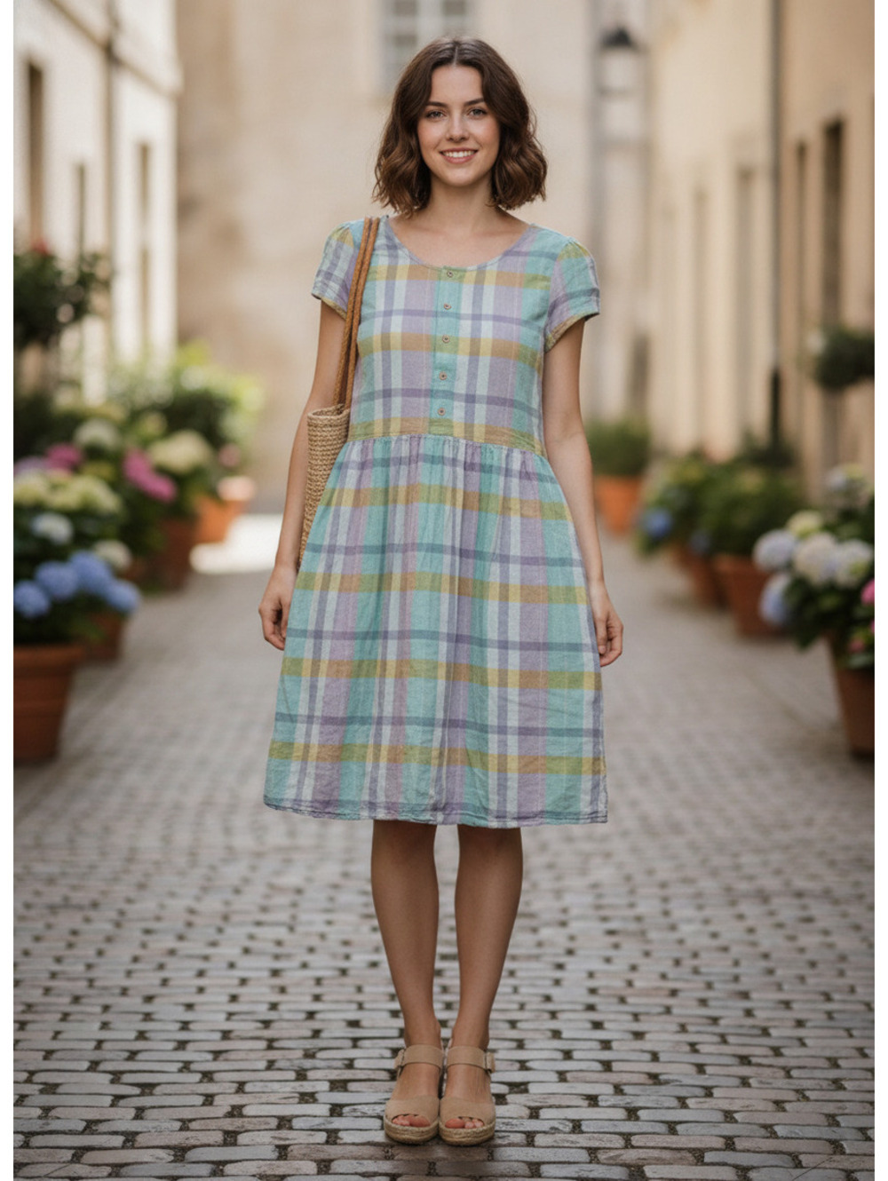 WARES by Olli Ella Linden pastel plaid GOTS organic cotton midi dress MEDIUM